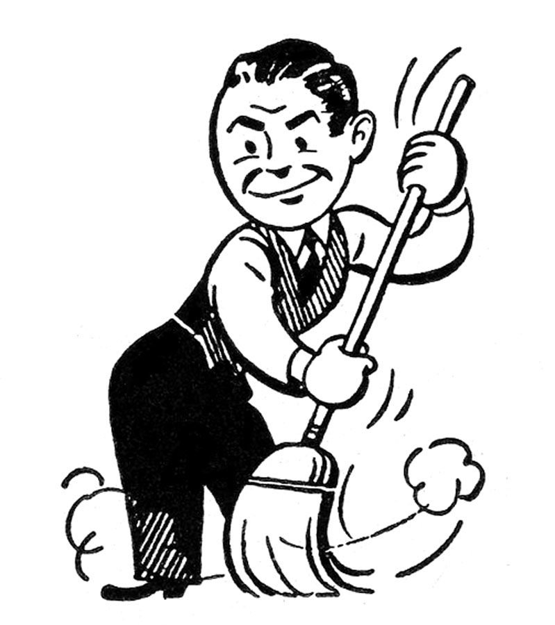retro cartoon man sweeping broom image