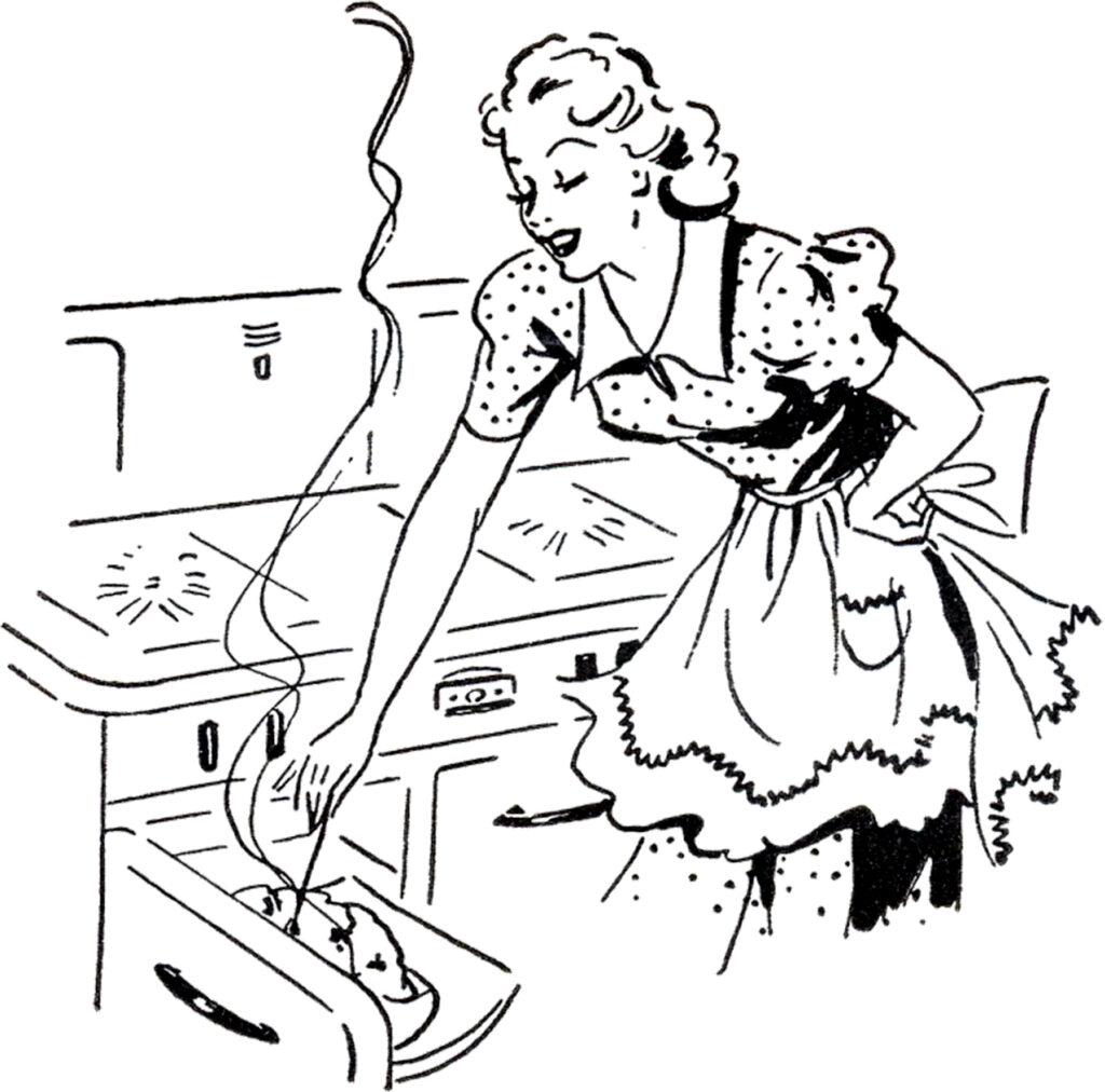 vintage woman cooking apron stove image