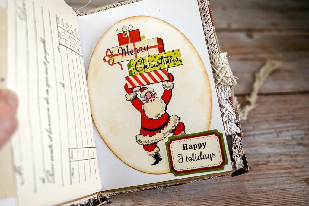 retro santa holding gifts vintage journal page image