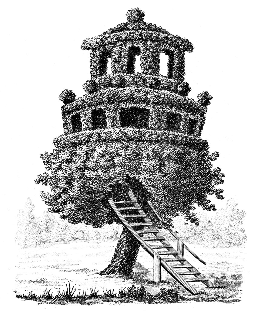 antique engraving tree house topiary wooden steps image