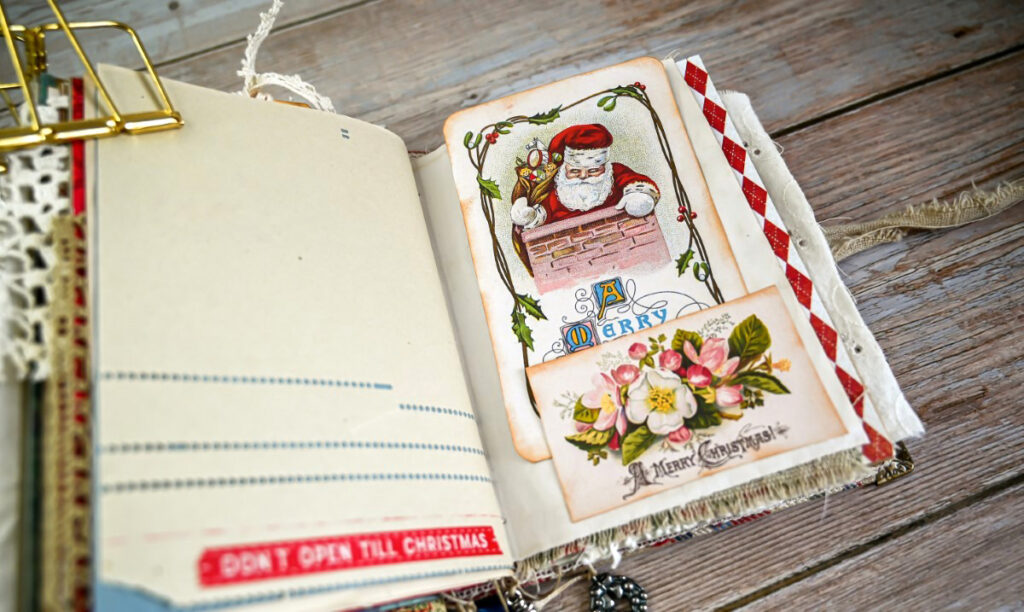 vintage santa chimney Christmas flowers journal page spread