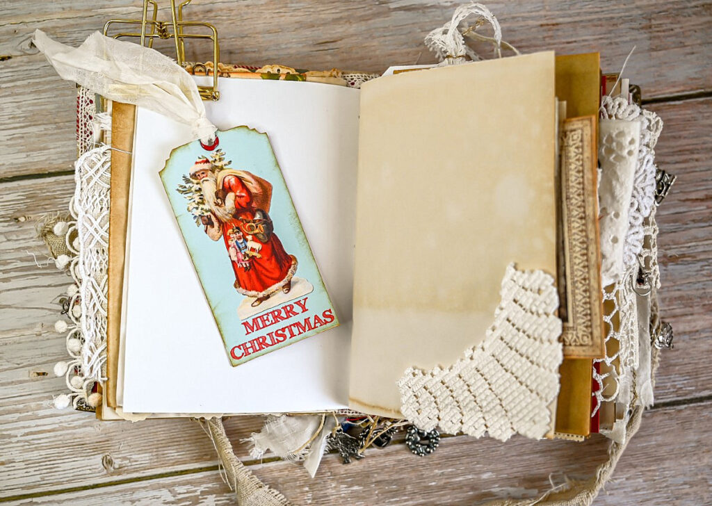 lace embellished vintage santa bookmark journal spread