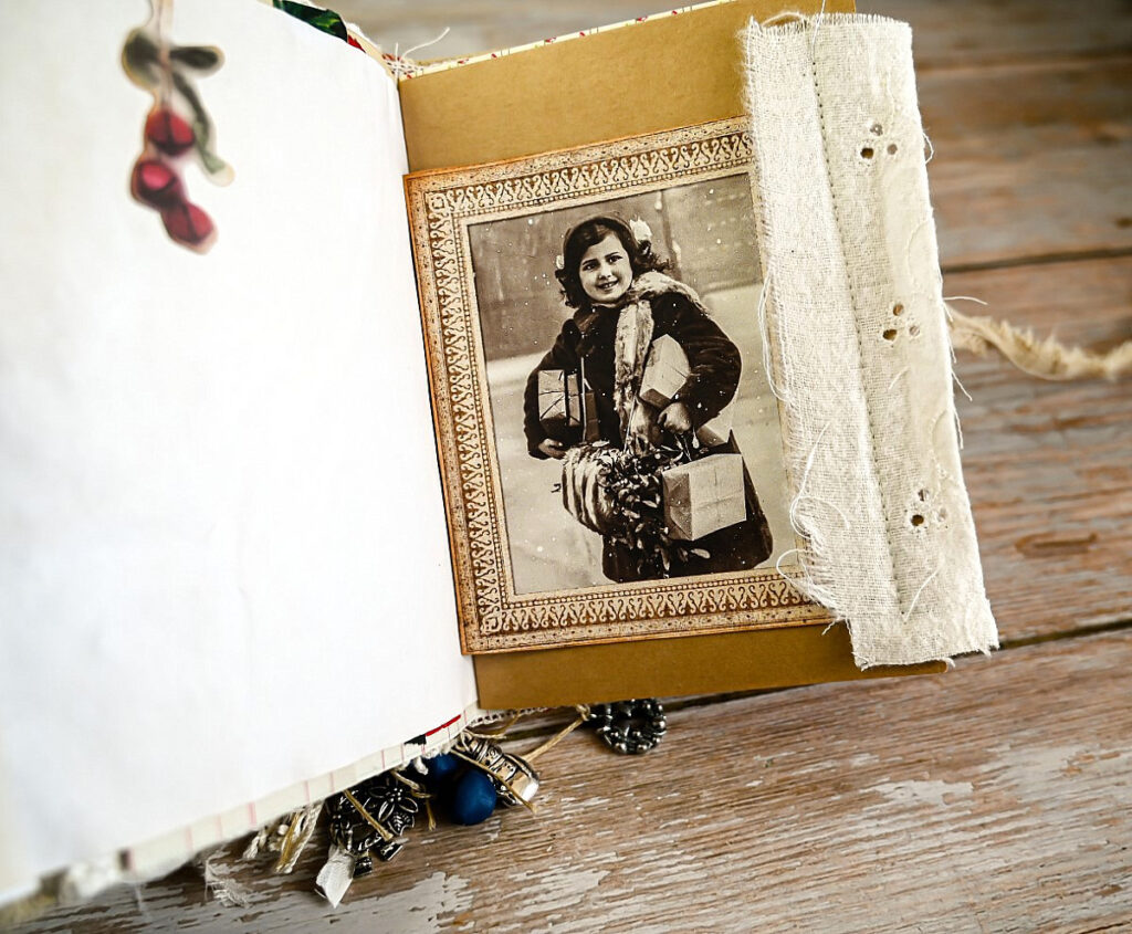 antique photo ephemera girl Christmas shopping packages boxes image