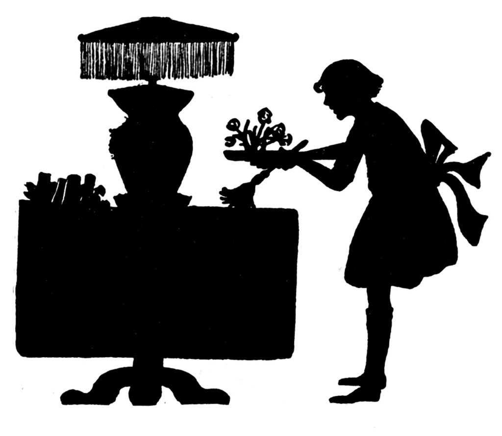 girl dusting drop leaf table lamp flowers feather duster silhouette vintage cleaning clipart image