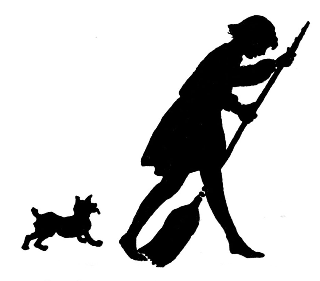 girl sweeping broom dog vintage silhouette image