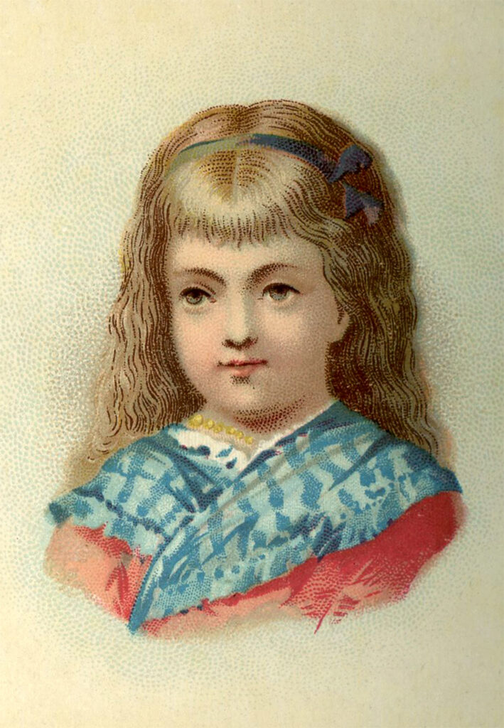 antique image girl blue hair ribbon blue shawl