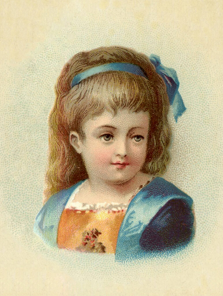 antique girl blue hair bow blue yellow clothing image