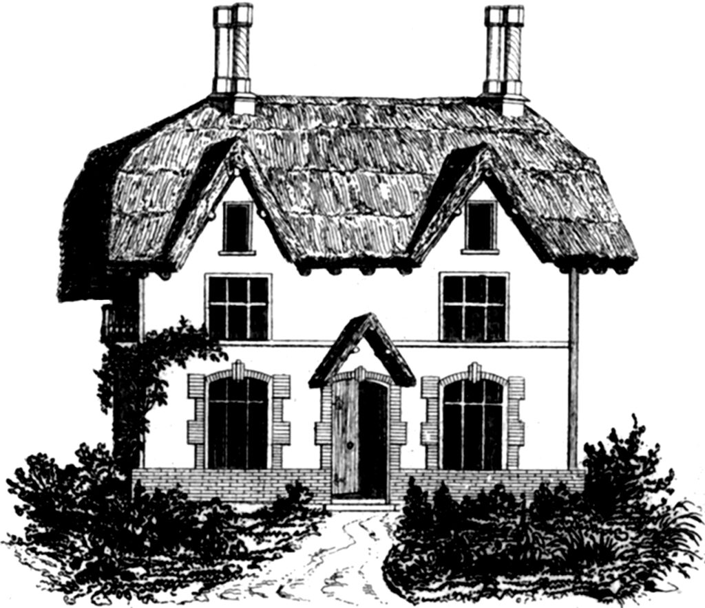 thatched roof house chimneys open door image