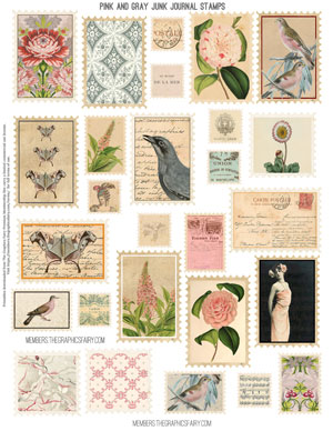 vintage assorted pink grey ephemera junk journal stamps