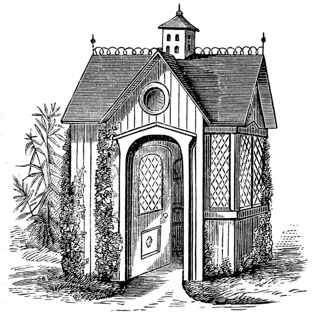 Victorian garden structure with door cupola round window gingerbread image