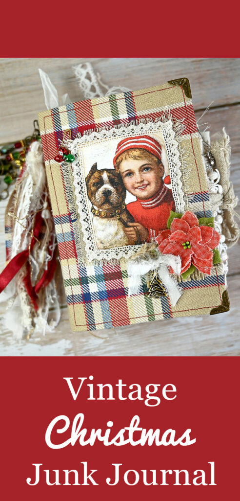 Vintage Christmas Junk Journal cover boy dog plaid image