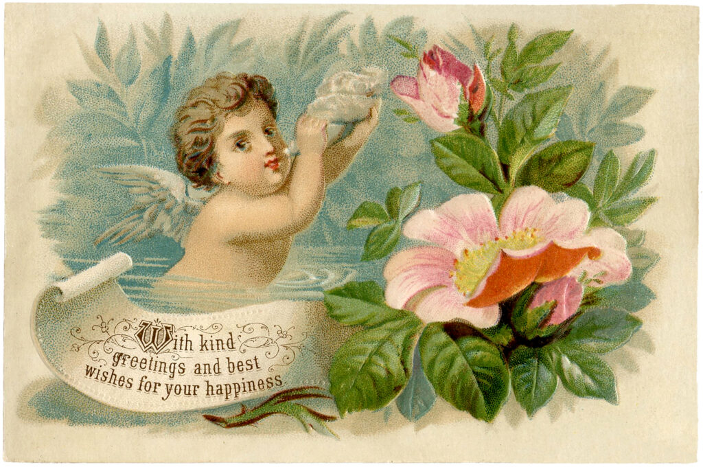 cherub pink roses vintage greetings image