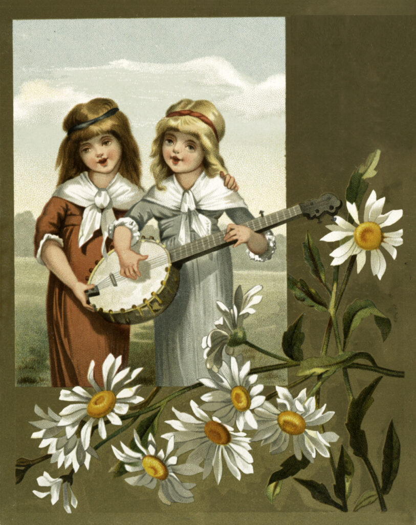 pair girls playing banjo singing daisy image