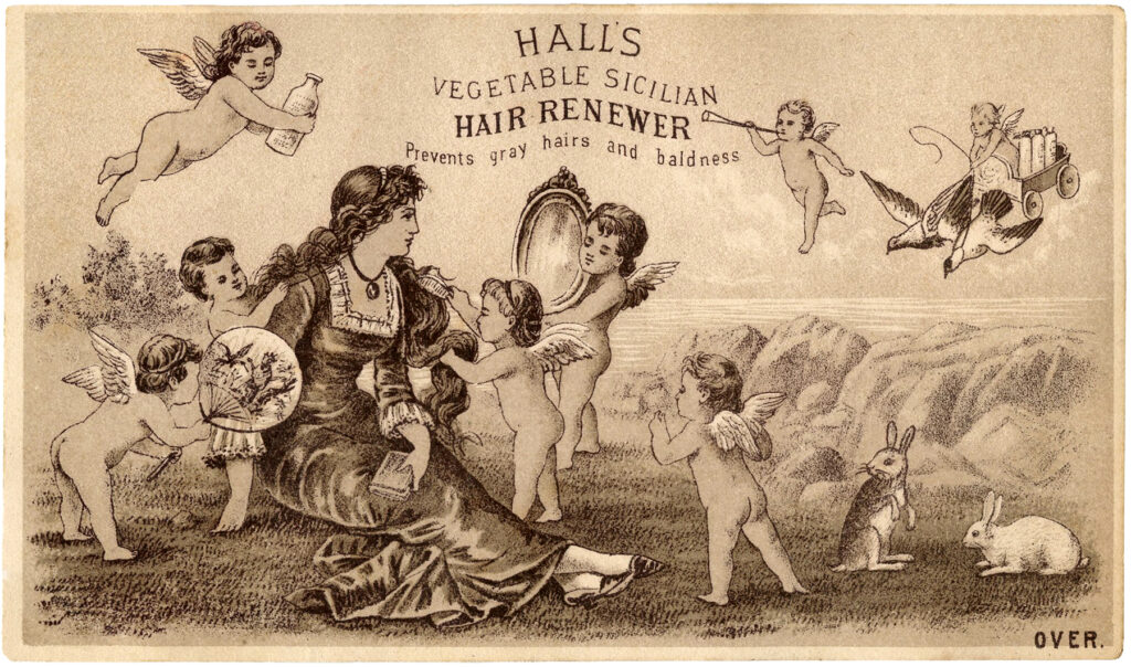 vintage hair tonic cherubs woman sepia advertising image