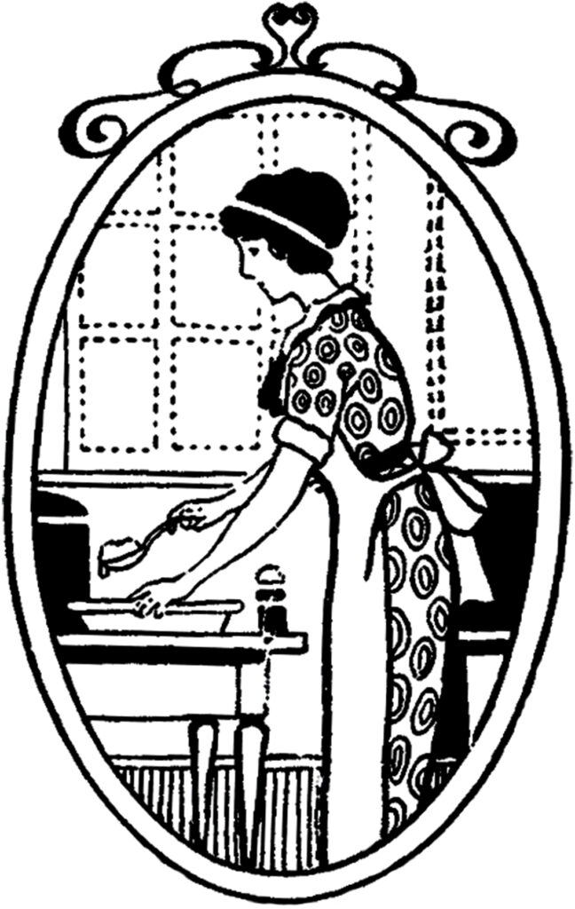 vintage woman apron table cooking oval framed image