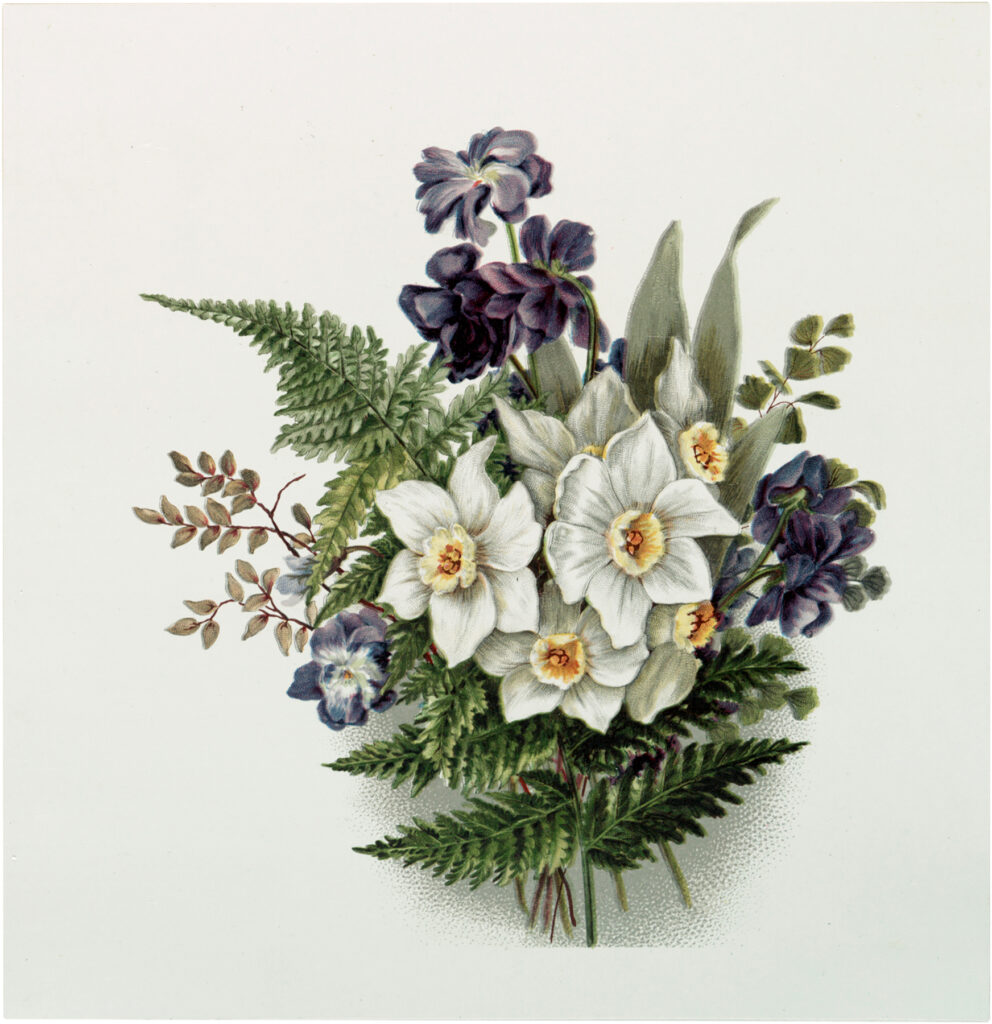 vintage mixed white purple flowers ferns bouquet image