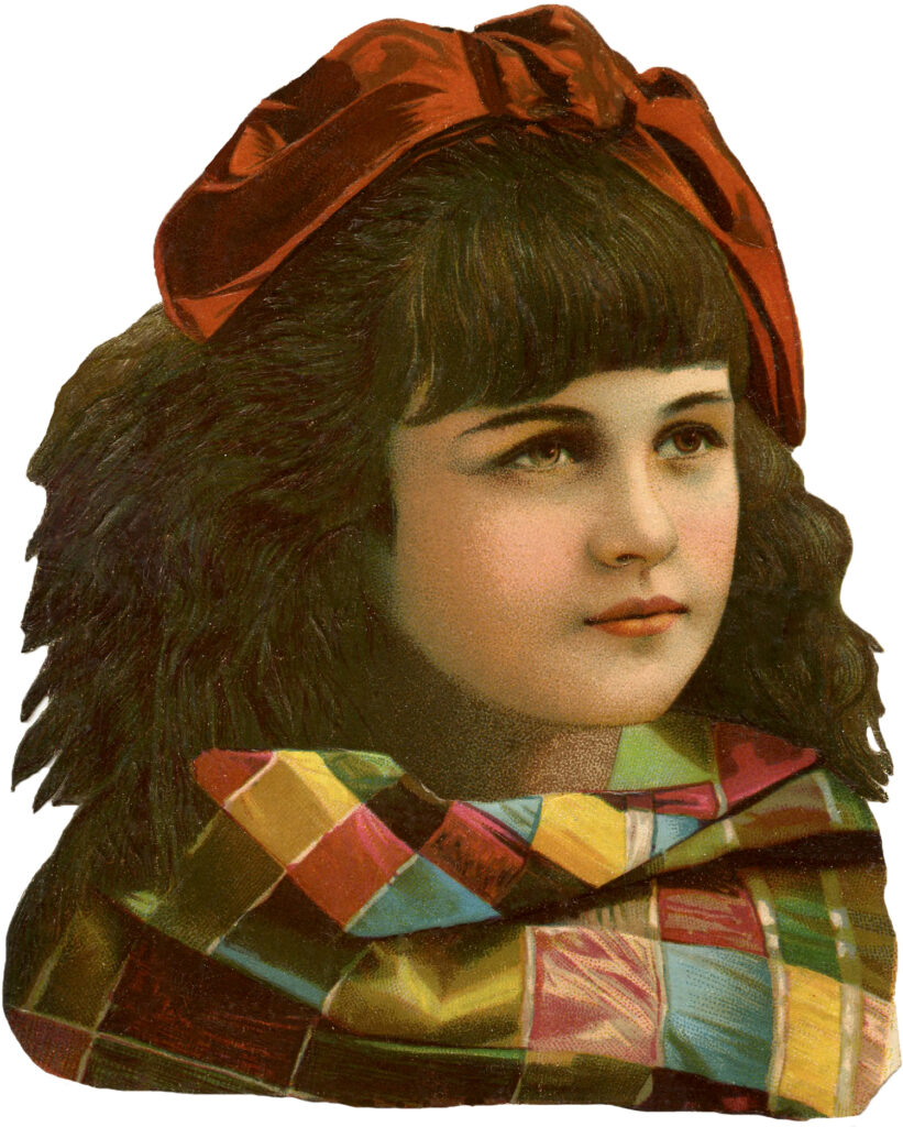 vintage girl dark hair large red hair bow image