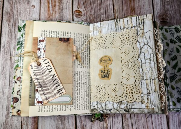 Junk journal spread with lace and mushroom print