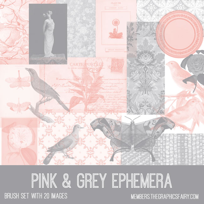 vintage pink grey ephemera brush set