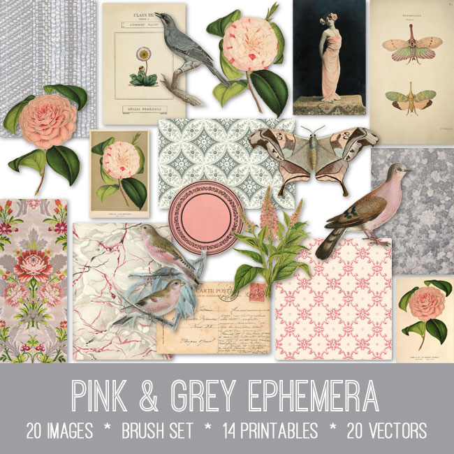 pink grey ephemera vintage images