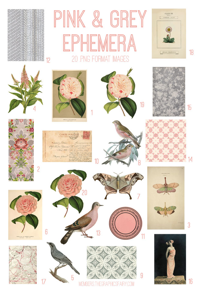 vintage pink grey ephemera digital image bundle