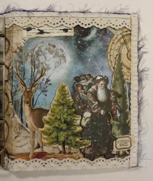 Junk journal spread with Santa at night