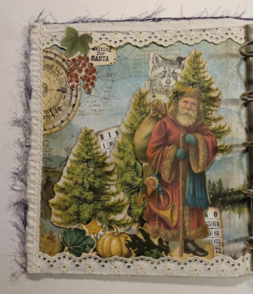 Junk journal spread with Santa Claus and Christmas trees