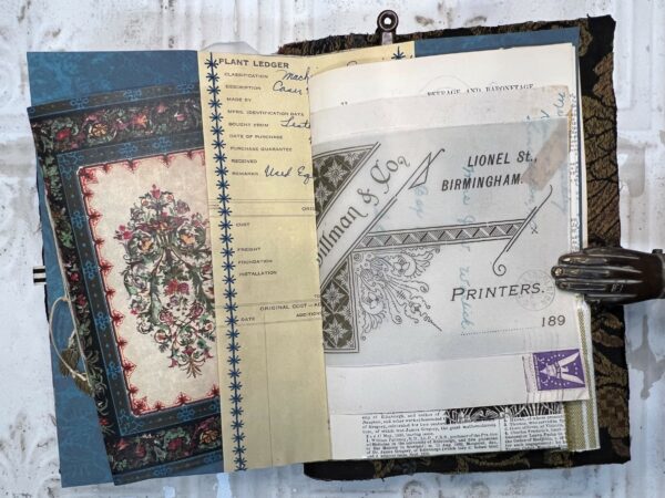 Junk journal spread with embroidered pocket