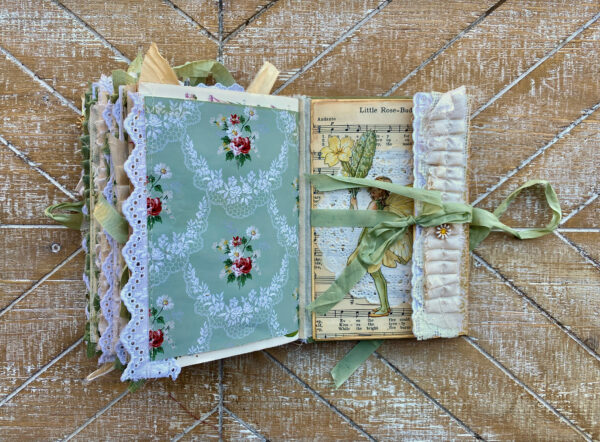 Junk journal spread with green wallpaper