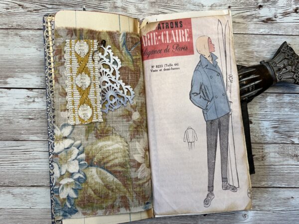 Junk journal spread with fabric page