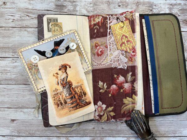 Junk journal spread with vintage button card