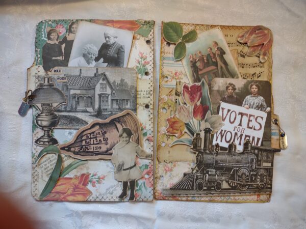 Junk journal spread with words Votes for Women