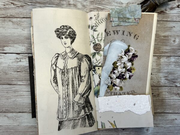 Junk journal spread with costume illustration