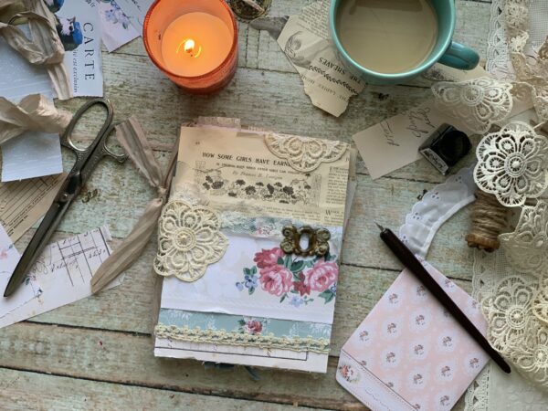 Junk journal cover with pink rose wallpaper