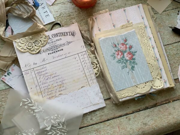 Junk journal spread with rose sprig