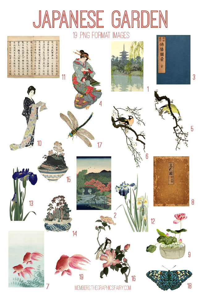 vintage Japanese Garden ephemera digital image bundle