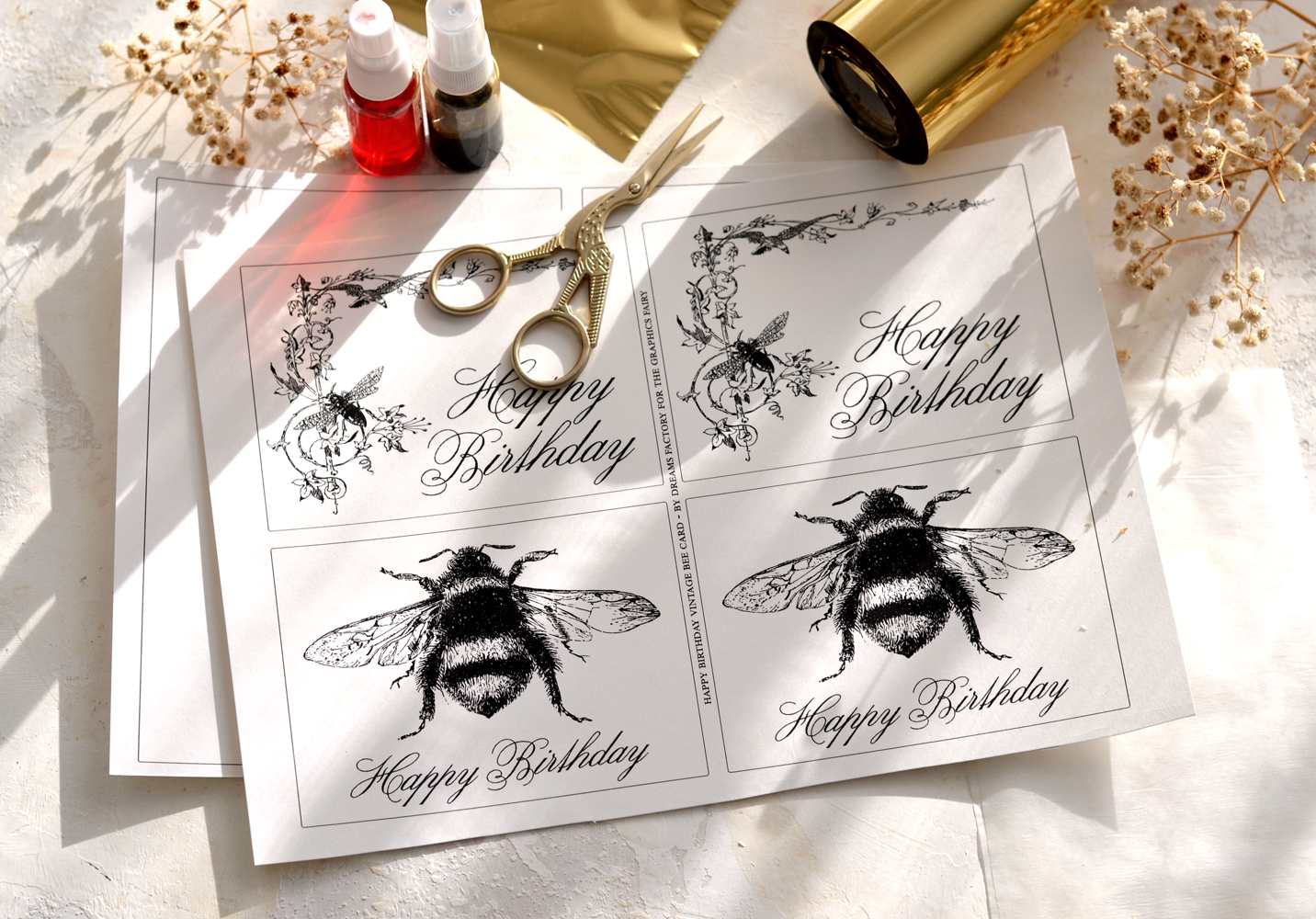 The supplies for making the vintage bee birthday cards