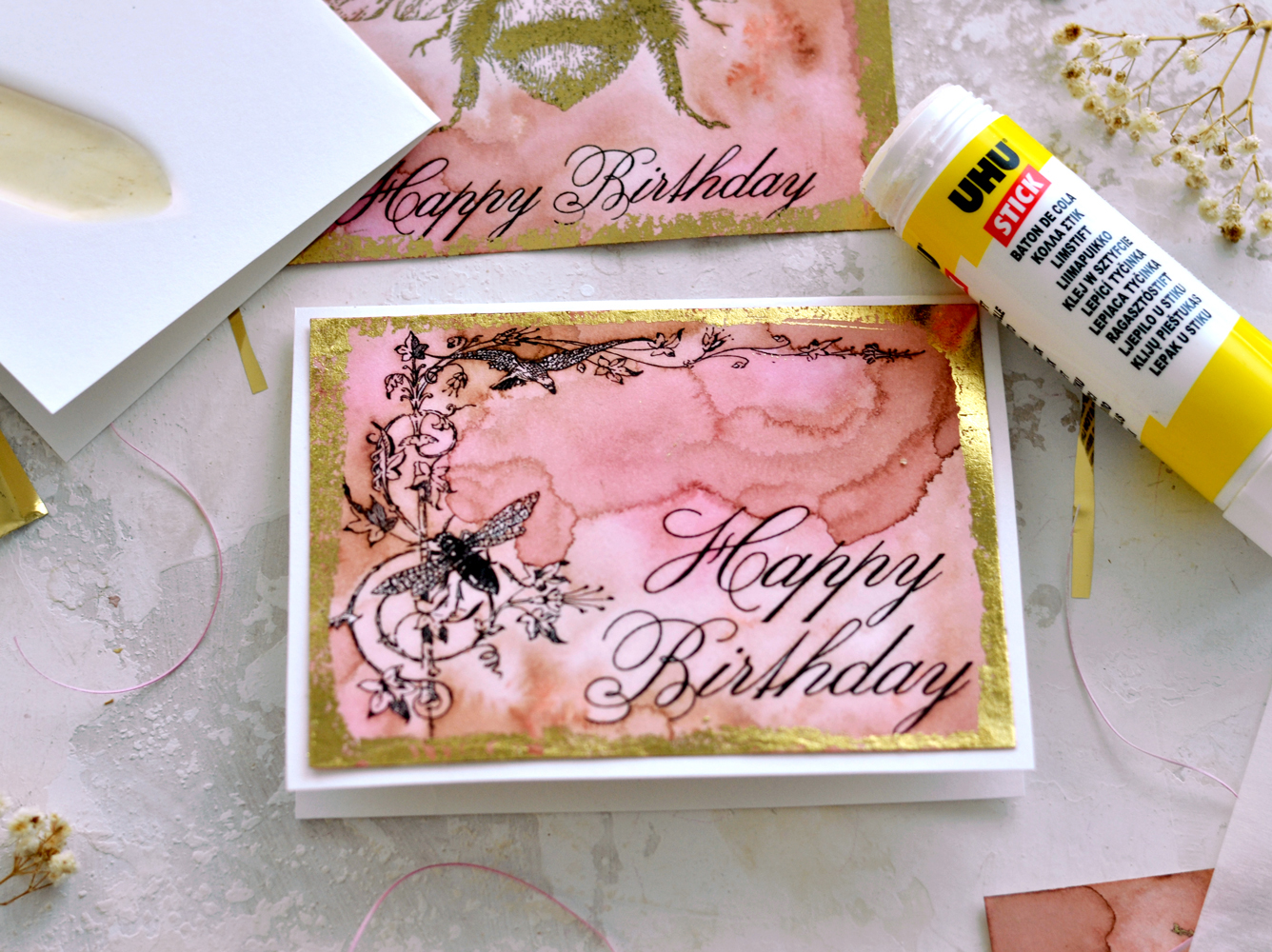 Assembling the vintage bee birthday cards