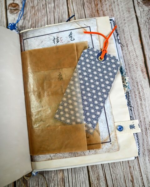 Junk journal spread with blue tag