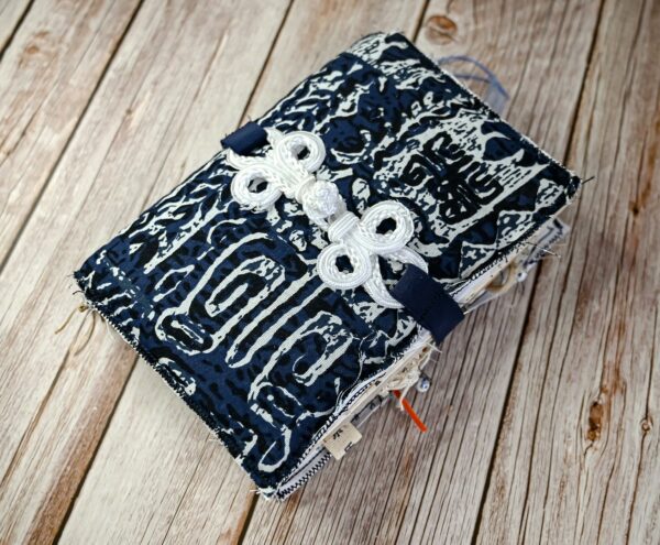 Junk journal cover with blue and white fabric