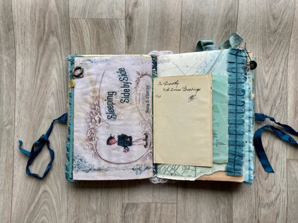 Junk journal spread with blue frill