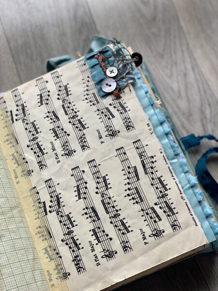 Junk journal spread with music manuscript