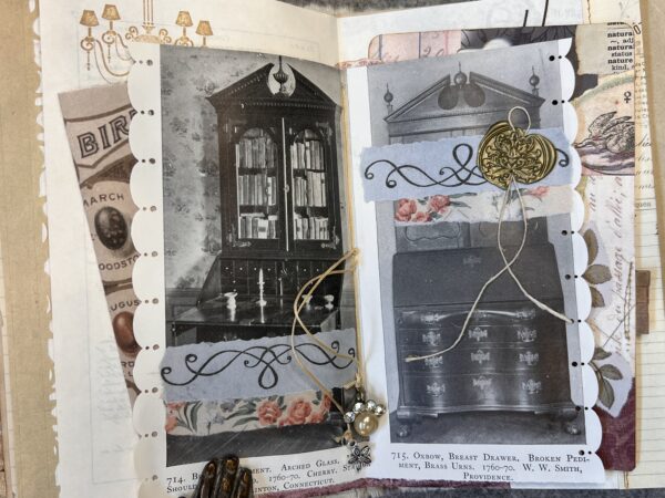 Junk journal spread with jewelry attached