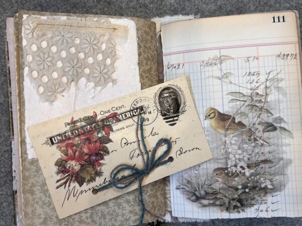 Junk journal spread with bird print