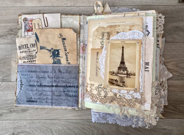 Junk journal spread with Eiffel Tower
