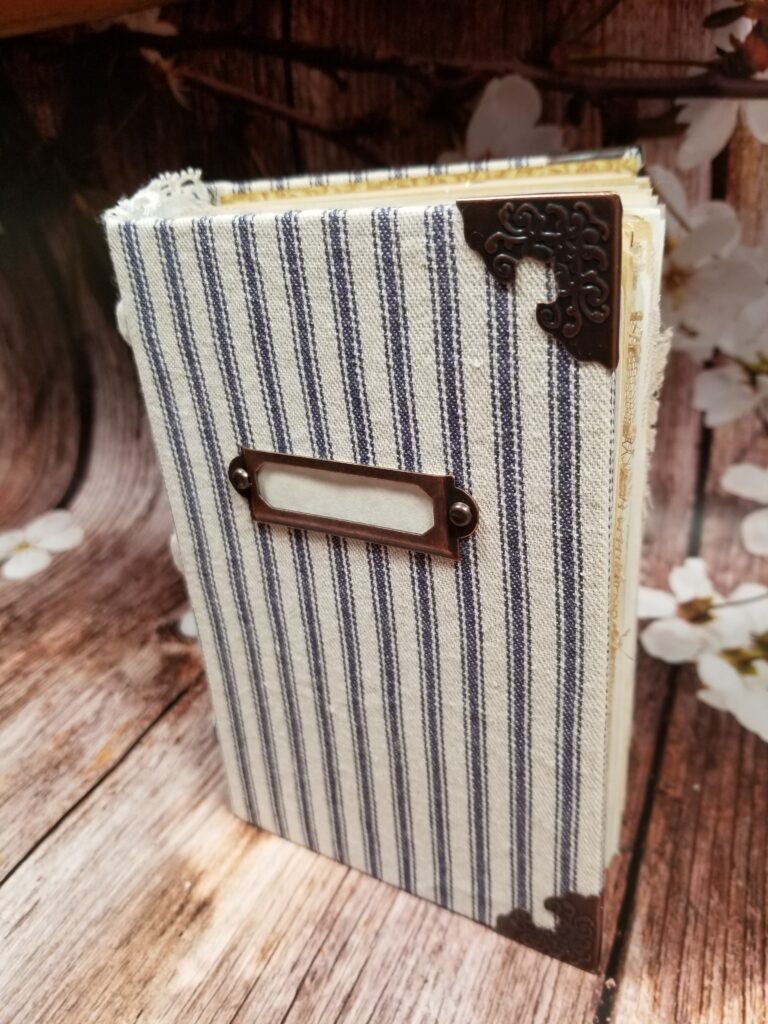 Blue and white astripe junk journal cover
