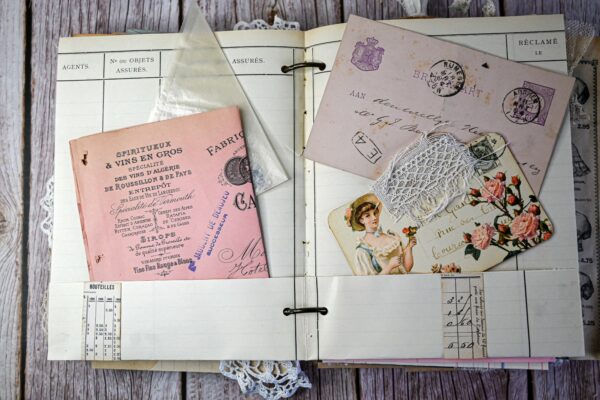 Junk journal spread with old postcard