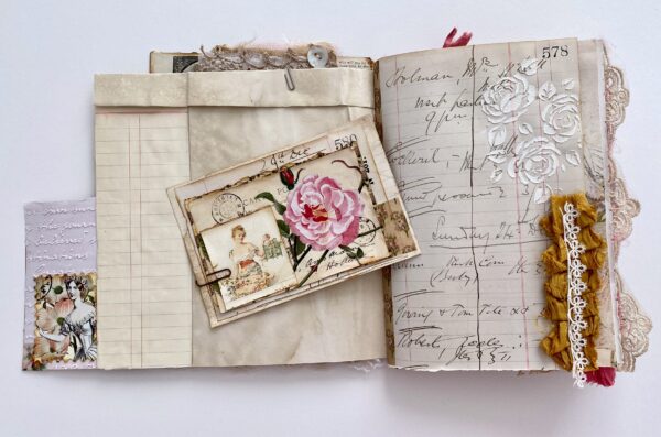 Junk journal spread with rose postcard