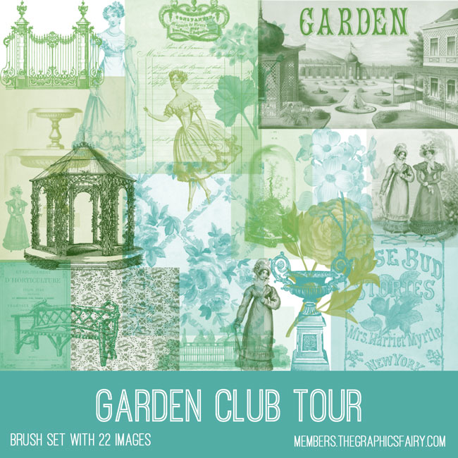 vintage Garden Club Tour ephemera brush set