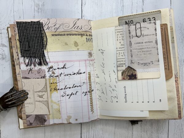 Junk journal spread with fabric scrap